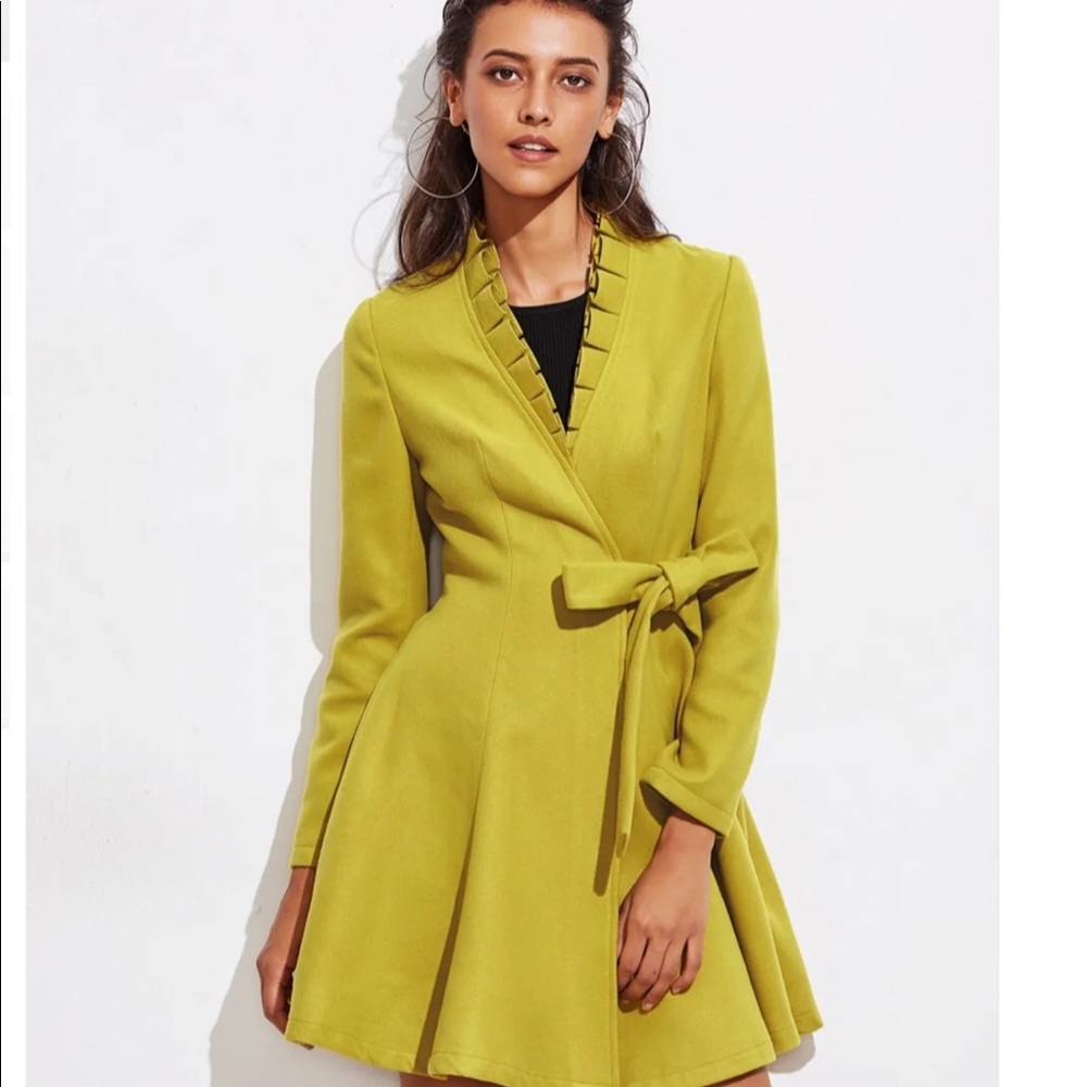 SHEIN Pleated Ruffle Neck Self Tie Skirted Coat